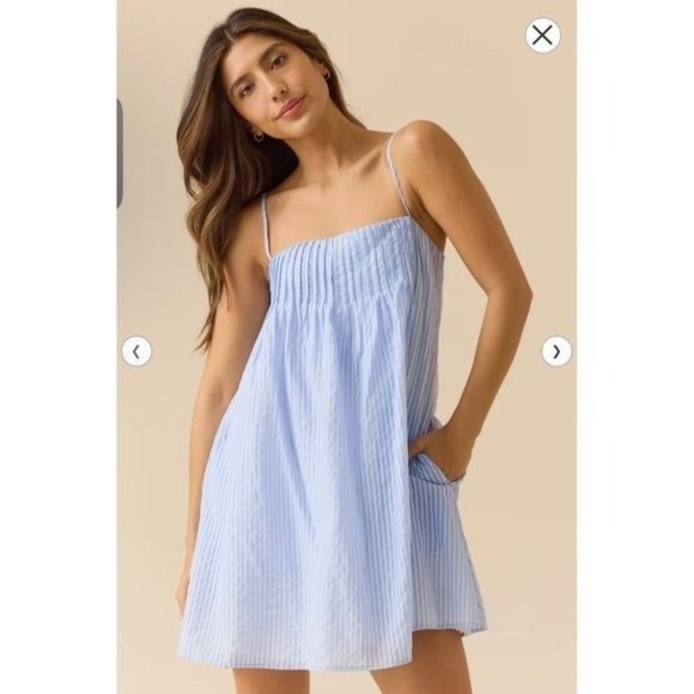 Altar'd State Blue White Striped‎ Pleated Babydoll Mini Dress Size XL